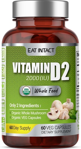 [BRSROZIPOV6B6C3X] Vegan Whole Food Vitamin D, 2000 IU (50 mcg), D2, Two Ingredients (Organic Whole Mushroom and Organic Vegan Capsule), Non-GMO, Third Party Tested, 60 Day Supply