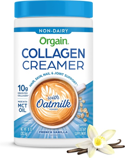 [BRSW2GTROZ5WG2DK] Orgain Collagen Coffee Creamer, 10g Grass Fed Hydrolyzed Collagen Peptides, French Vanilla - With Organic Oat Milk Powder, Coconut Oil, MCT Oil, Avocado Oil, Hair, Skin, Nail, & Joint Support - 10oz