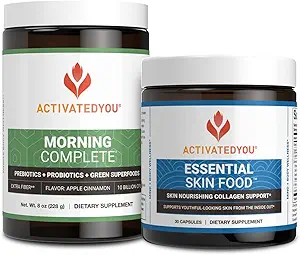 [BRSROEDYDMCBQ3Q3] ACTIVATEDYOU Morning Complete Prebiotics, Probiotics, Green Superfoods (Apple Cinnamon) + Essential Skin Food Collagen, Elastin Support, 30 Servings