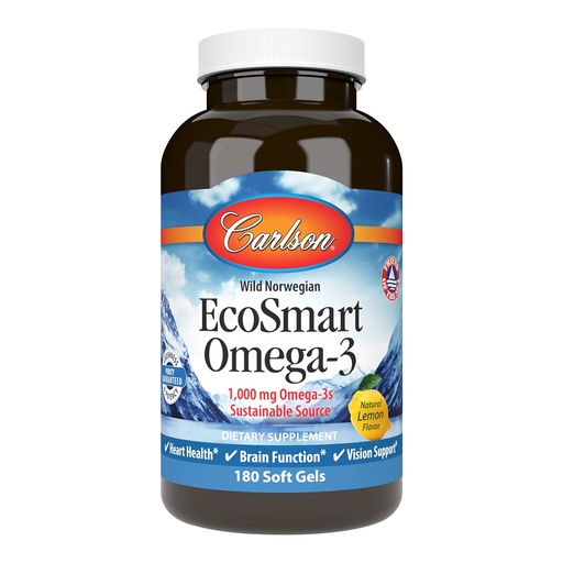 [BRSWIFQKBF7ACCT4] Carlson - EcoSmart Omega-3, 1000 mg Omega-3s, Sustainable Source, Heart Health, Brain Function & Vision Support, Lemon, 180 Softgels