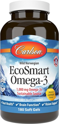 [BRSWIFQKBF7ACCT4] Carlson - EcoSmart Omega-3, 1000 mg Omega-3s, Sustainable Source, Heart Health, Brain Function & Vision Support, Lemon, 180 Softgels