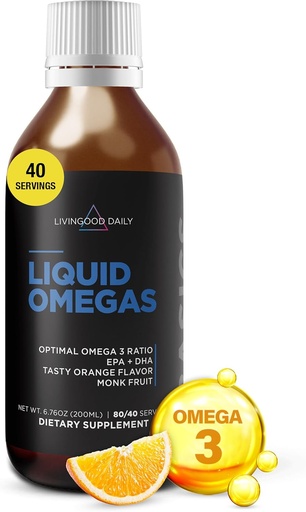 [BRSROZQ7OF6WCGTO] Livingood Daily Liquid Omega 3 Fish Oil, EPA & DHA Supplement with Monk Fruit & Orange Flavor, Supports Heart, Joint " Brain Health, Fish Oil for Men " Women, Non GMO, Gluten Free, 200 ML, 40 Servings