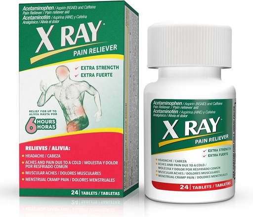 [BRSROAYHPMPBGFD7] X RAY Extra Strength Pain Reliever: Acetaminophen 500 mg, Aspirin, Caffeine - 24 Tablets Each, Potent Formula for Migraine, Headache, and Back Pain Relief, Reduces Inflammation
