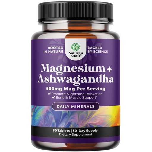 [BRSRMH35DMOREDTB] Pure Calm Relaxing Magnesium Glycinate Supplement with Ashwagandha - Magnesium for Stress Support & Rest Ease for Adults - High Absorption Tablets for Bone Support & Muscle Cramps - 90 Count