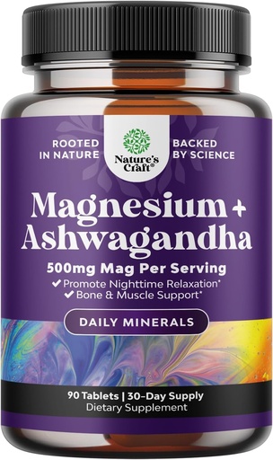 [BRSRMH35DMOREDTB] Suplemento Glycinate de Magnesio Relajamiento Puro y Calma con Ashwagandha - Magnesio para Estrés Soporte &amp; Descanso Facilidad para Adultos - Tablas de Absorción Alta para Soporte de Huesos &amp; Cáñamos de Musculo - 90 Conde