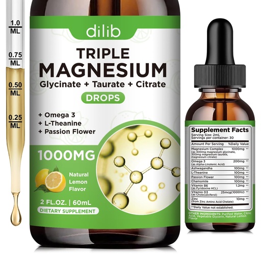 [BRSRAYIFCBYGCYDD] Liquid Magnesium Glycinate Supplement 1000mg, Calm Magnesium Citrate, Taurate Drops with Omega 3, Zinc, Ashwagandha, L-Theanine, Chamomile for Sleep, Mood, Stress Relief, Bone, Muscle, Lemon Flavor