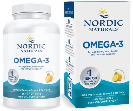 [BRSWIYAKCIOGC3DG] Nordic Naturals Omega-3, Lemon Flavor - 180 Soft Gels - 690 mg Omega-3 - Fish Oil - EPA & DHA - Immune Support, Brain & Heart Health, Optimal Wellness - Non-GMO - 90 Servings