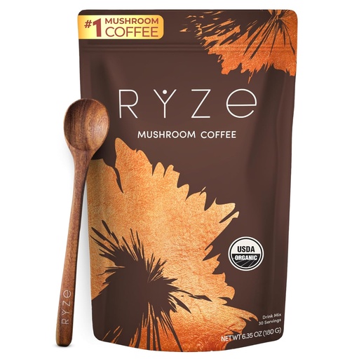 [BRSRAGA6CV6RMCA4] RYZE SUPERFOODS Mushroom Coffee USDA Organic with 6 Adaptogenic Mushrooms and MCT Oil, USA Grown Instant Coffee for Better Energy, Focus, Digestion, Immunity with Lions Mane & Turkey Tail, 30 servings