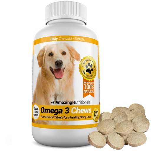[BRSWIBQ4A4JRUA3G] Amazing Omega 3 for Dogs - Fish Oil for Dogs Supplement 120 Bacon Chews - Itchy Skin, Dry Skin, Shedding & Coat Support - Omega Fatty Acids EPA DHA - Made in USA