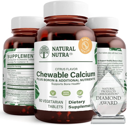 [BRSWKHDZAIOB4EQV] Natural Nutra Chewable Calcium Supplement for Bone Strength, Promotes Muscle Health, Helps Enhance Teeth Health, Support Nerve Health, and Cardiovascular Health, Improve Bone Strength, 60 Tablets