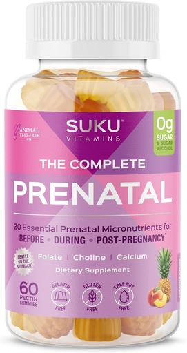 [BRSWYCDRBYNWOE37] Gummies multivitaminas pré-natais SUKU – Folato, Cálcio, Vitamina D3, B12, K2 – Livre de Açúcar, Vegetariano, Suporte à gravidez sem glúten – Sabores de pêssego de abacaxi – 60