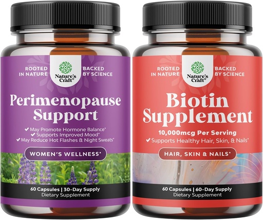 [BRSROCDQO4BAMHTV] Bundle of Perimenopause Supplement for Women -Multibenefit Menopause Relief for Women and Pure Biotin Pills for Women Men - Stop Hair Loss Thinning Natural Supplement for Shiny Thick Hair Growth