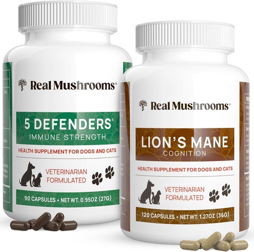 [BRSRMYLYCUCRQHTV] Real Mushrooms 5 Defenders for Pets (90ct) and Lions Mane for Pets (120ct) - Bundle for Immune Strength & Cognition - Vegan, Non-GMO, Gluten-Free, Grain-Free Mushroom Pet Supplements