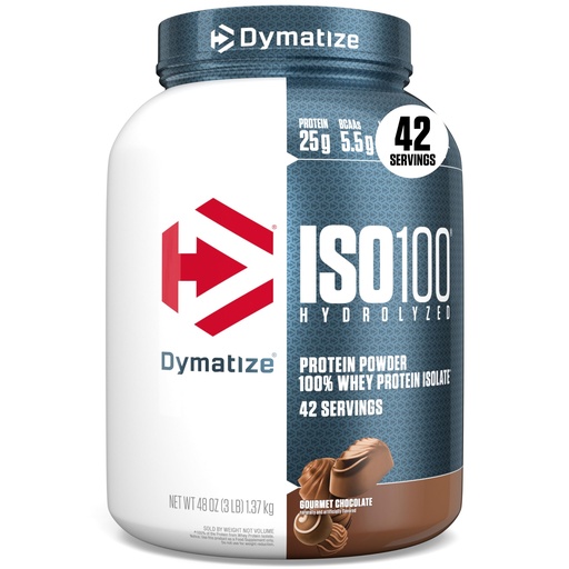 [BRSWIZAGAB6WO23I] Dymatize ISO100 Hydrolyzed Protein Powder, 100% Whey Isolate Protein, 25g of Protein, 5.5g BCAAs, Gluten Free, Fast Absorbing, Easy Digesting, Gourmet Chocolate, 3 Pound (42 Servings)