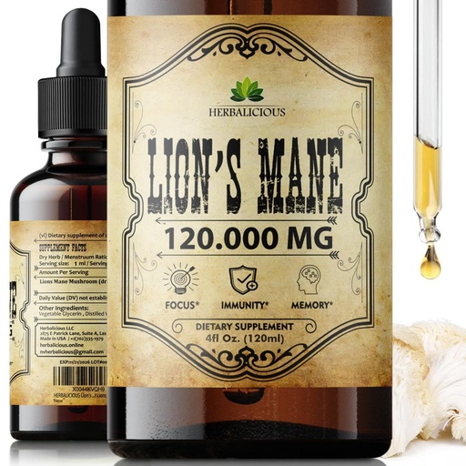 [BRSROBD5OR6BEFYV] Lion's Mane Extract 4 fl oz Liquid – Natural Mushroom Supplement Tincture for Brain, Memory, Mental Clarity & Focus – Immune Support – High Potency Formula – 90-Day Supply