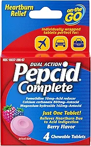 [BRSWY2QOOUGQ4FDF] Pepcid Complete Acid Reducer + Antacid for Acid Reflux, 10mg Famotidine, 800mg Calcium Carbonate & 165mg Magnesium Hydroxide per Antacid Chew, Individual Packets, Berry Flavored, 4 ct