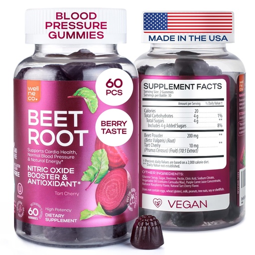 [BRSROCYYA4MWOCYU] Beet Chews for High Blood Pressure - Beet Root Gummies Made in USA with Tart Cherry - Nitric Oxide Supplements for Energy and Cardio Health - Vegan, No GMO, Pectin Based - for Women and Men, 60 Pcs