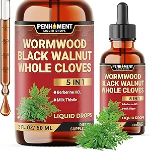 [BRSRAGALCMJWA3LD] 5in1 Wormwood Liquid Drops - Black Walnut Cloves Extract, Berberine, Milk Thistle - 2 Fl oz - 60 Days Supply