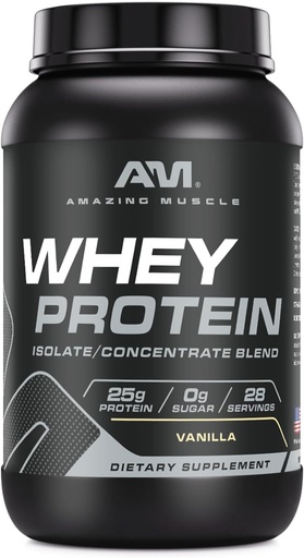 [BRSWECQNBYNBQ3D5] Amazing Muscle 100% Whey Protein Powder *Advanced Formula with Whey Protein Isolate as a Primary Ingredient Along with Ultra Filtered Whey Protein Concentrate (Vanilla, 2 lb)