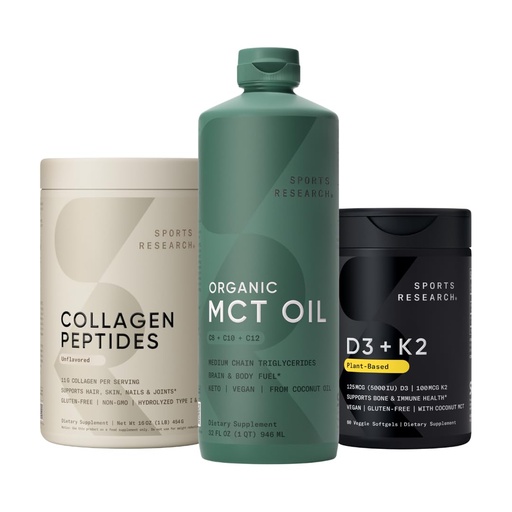 [BRSRAZYZOQBGKH3U] Sports Research® Collagen Peptides Hydrolyzed Type 1 & 3 Collagen Powder Protein Supplement, Keto MCT Oil from Organic Coconuts - Triple Ingredient C8, C10, C12 MCTs and Vitamin D3 K2 with Coconut Oil