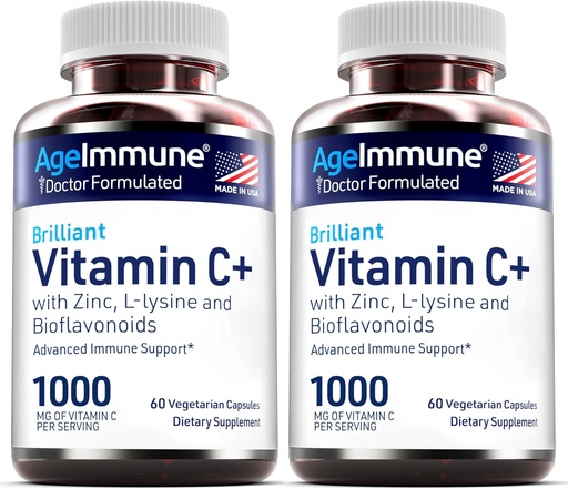 [BRSWYHAKBUCRYFDU] Complejo de vitamina C 1000mg con L-Lysine 500mg, Zinc Gluconate 12mg, Bioflavonoids 300mg. Doctor Formulado Magnesio Stearate Suplementos gratis para el Sistema de Immune saludable. Dos botellas.(2)