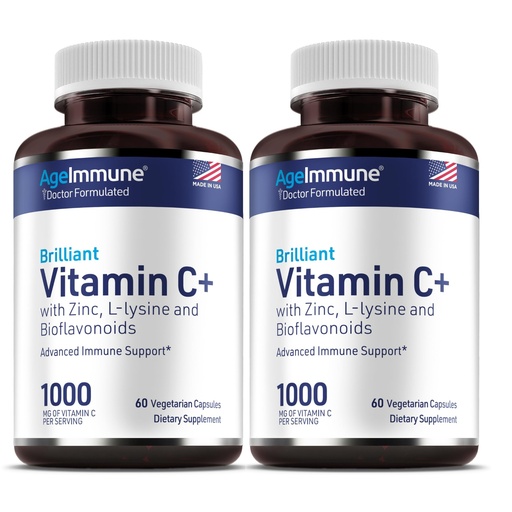 [BRSWYHAKBUCRYFDU] Vitamin C 1000mg Complex with L-Lysine 500mg, Zinc Gluconate 12mg, Bioflavonoids 300mg. Doctor Formulated Magnesium Stearate Free Supplements for Healthy Immune System Support. Two Bottles.(2)