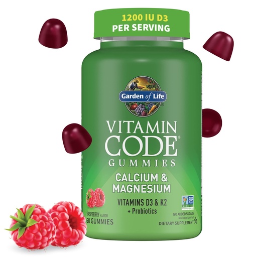 [BRSROYD4AUNQY33H] Garden of Life Vitamin Code Calcium Magnesium Gummies with D3 & K2, Supports Bone Health & Bone Strength + Prebiotics & Probiotics for Digestive Support, Non-GMO, Gluten-Free, 60 Raspberry Gummies