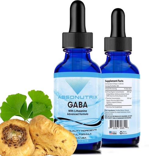 [BRSRAYADOUPRAE35] Absonutrix GABA s L-Theanine 290 mg, 4 Oz Liquid, 300 Servings, Made in USA, rýchla absorpcia, Quality Potent Ingredients, non-GMO, GMP Certified Facility, Cruelty-free Products