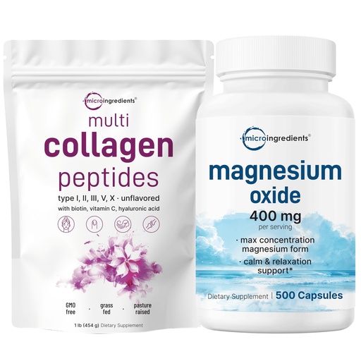 [BRSRABQ3BZ6QY2YZ] Micro Ingredients Multi Collagen Protein Powder 16oz & Magnesium Oxide 400mg Bundle Pack | Grass-Fed Collagen Peptides | Elemental Form for Max Concentration