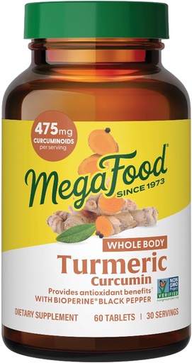[BRSWIFAEA57WEFTC] Suplemen Kurcumin Seluruh Tubuh MegaFood - Suplemen Turmeric - Turmeric Suplemen Dengan Black Pepper & Vitamin C - 475 mg Curcuminoid Per Serving - Antioksidant & Ammune Dukungan - 60 Tablet, 30 Hamba