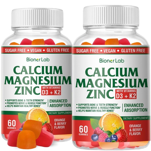 [BRSRAEITCQDQAYL5] BionerLab Calcium Magnesium Zinc Gummies with Vitamin D3 & K2 - High Absorption Complex with Magnesium Glycinate Calcium Zinc Citrate for Bone Muscle & Immune Health - Sugar-Free Orange Berry Flavored