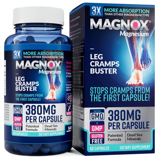 [BRSW2ZDRA4HQGHT3] MAGNOX® Buster | Patented Clinically Tested 380mg Magnesium Supplement for Spasms & Leg Cramps at Night | One Capsule a Day for Almost Full Dosage | 3X More Absorption | Dead Sea Minerals (60 Caps)