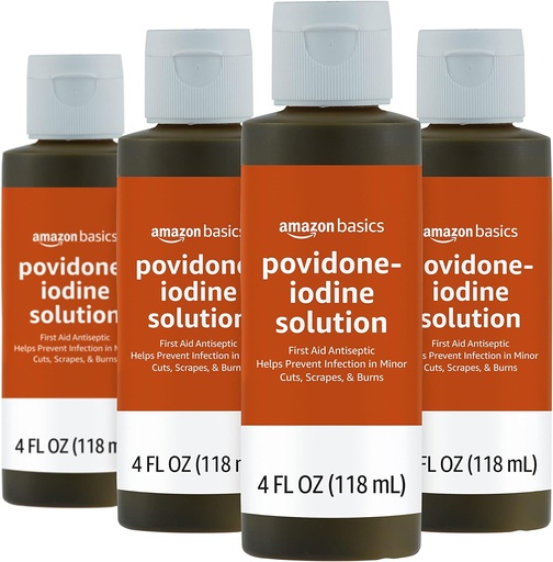 [BRSW2GQBAENBGGQ2]   Basics First Aid Antiseptic, 10% Povidone Iodine Solution, 4 Fluid Ounces, 4-Pack (Previously Solimo)