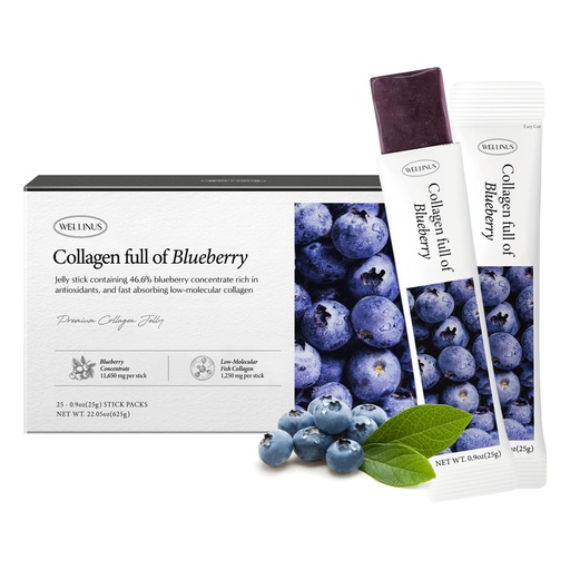 [BRSROCTRBYGQ2ETA] WELLINUS Korean Marine Collagen Jelly Sticks – Blueberry Marine Collagen Peptides for Glowing Skin, Hair & Nails, Anti-Aging Beauty Supplement, Sugar-Free, Halal & GMO-Free, 25 Travel Packs