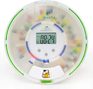 [BRSWYFQFBAPRMYI6] EziMedPil Automatic Pill Dispenser with Alarm, Sound & Light, up to 6 Alarms/Day, 6 Dosage Templates, Easy-Read Display, Frosted Lid & Locked 28-Day Medication Dispenser for Protecting Pills Privacy