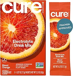 [BRSROCYYBB7BUCIZ] Cure Hydration | Plant-Based Electrolyte Drink Mix | No Added Sugar | Dehydration Relief Powder Made with Coconut Water | Non-GMO | Vegan | Box of 8 Packets - Blood Orange