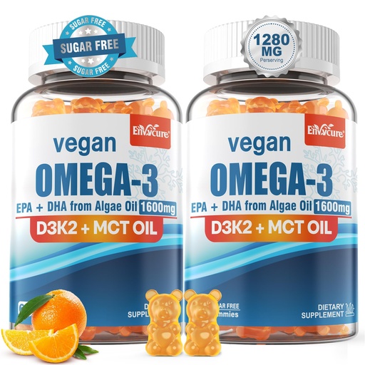[BRSROCAECEOWAELO] Vegan Omega 3 Gummies 1280mg + Vitamin D3 K2 (MK7), Omega 3 Fish Oil Alternative for Adults, w/Algae EPA 600mg & DHA 400mg, MCT Oil - No Fish Taste - for Brain, Eye, Immune Health, Sugar Free, 2 Pack