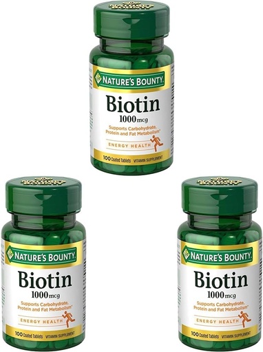 [BRSRO2Q5DIAR62DF] Biotina Bounty, Suplemento de vitaminas, apoya el metabolismo de la energía celular y el cabello saludable, la piel y las uñas, 1000 mcg, 100 Tabletas (Pack of 3)