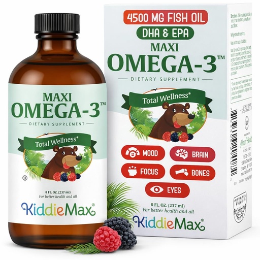 [BRSROBAYDMGWO3TG] Maxi Health Omega 3 for Kids Supplement – Kosher Omega 3 Kids Fish Oil Liquid with DHA & EPA – Liquid Fish Oil Supplement with Fruity Burst Flavor to Support Mood, Brain, Focus, Bones & Eyes (8 oz)