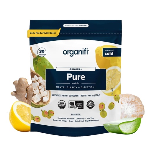 [BRSROAYZCEMQEELV] Organifi Pure - Promotes Stimulation in Learning, Memory, Focus, and Clarity - Brain Support with Superfoods - Gluten-Free and Non GMO - Best Served Cold, 30 Servings