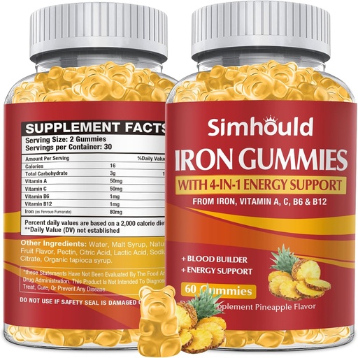 [BRSRAYA7BUFBUHY2] 1 Pack Vegan 80MG Iron Supplement Gummies for Women & Men - Vitamin A, C, B for Adults & Kids - Blood & Builder & Energy Support for Iron Deficiency, Anemia - 60 Counts Pineapple Flavor Gummies