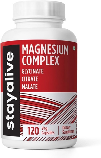 [BRSRAAQKAFYGMG33] STAY ALIVE Triple Magnesium Complex Supplement 500mg, Chelated Glycinate, Citrate & Malate Powder, High Absorption Magnesium for Women and Men, 120 Pills, Non-GMO & Gluten-Free Capsules