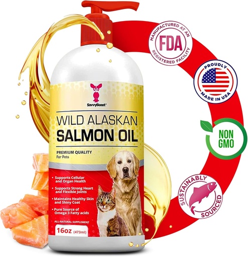 [BRSWG2Q6A4GRG3DA] SavvyBeast Wild Alaskan Salmon Oil for Dogs, Cats & Ferrets – Omega-3 Fish Oil Pet Supplement with EPA & DHA – Supports Skin, Coat, Joints, Heart, Brain, Itch Relief & Immune – Unscented – 16 oz