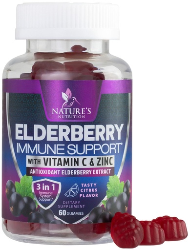 [BRSWGHT7OICBUHLU] Elderberry Immune Support Gummies - 3X Strength Sambucus Elderberry Gummy with Vitamin C, D3 & Zinc - Nature’s Black Elderberry Extract - Immune Support Supplement for Adults & Kids - 60 Gummies