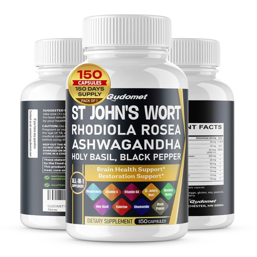 [BRSRAZT4O4HAOYI6] St. John's Wort Rhodiola Rosea Ashwagandha Holy Basil Valerian Chamomile Black Pepper -150 Capsules