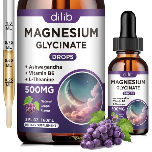 [BRSRAGA2DF7GYALJ] Magnesium Glycinate Liquid Drops 500mg, with Vitamin B6, Ashwagandha, L - Theanine, Chamomile, Magnesium Glycinate Supplement High Absorption for Sleep, Stress, Energy, Mood - Grape Flavor, 2 FL.OZ