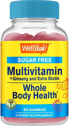 [BRSROCYKCBYBSD3J] Multivitamin Sugar Free Gummies with Ginseng, Vitamin A, C, D3, E, B12, B6, B1, B2, B5, Niacin, Folic acid, Biotin, Iodine, Zinc, Chromium, Molybdenum, Lycopene, Inositol - Vegan - 60 Gummies