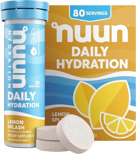 [BRSW2CQZBYPA2ELV] Nuun Daily Electrolyte Tablets with Magnesium, Calcium, Potassium, Chloride & Sodium, Gluten Free, Sugar Free, & Vegan, Lemon Splash Flavor, 8 Pack (80 Servings Total)