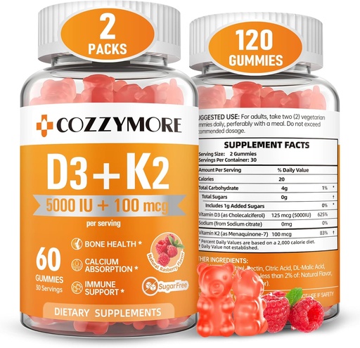 [BRSRAEADOYFWK3T2] Sugar Free Vitamin D3 K2 Gummies, Vitamin D Gummies Supplement, 10000 IU + 200mcg D3 and K2 Supplements, Tasty Gummy Vitamins, Support For Bones Muscle Teeth Immune, 60 Servings 120 Gummies, Raspberry