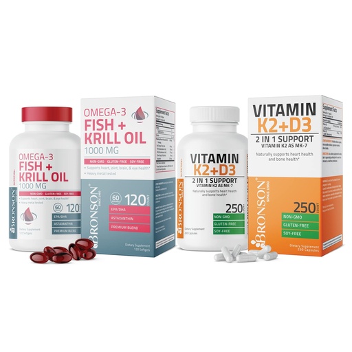 [BRSRMYA5O4NBQCD5] Bronson Vitamin K2 (MK7) with D3 Supplement Omega-3 Fish + Krill Oil 1000 MG